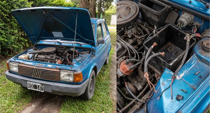 Al Fiat 147 le robaron la batería (simulación generada con IA)