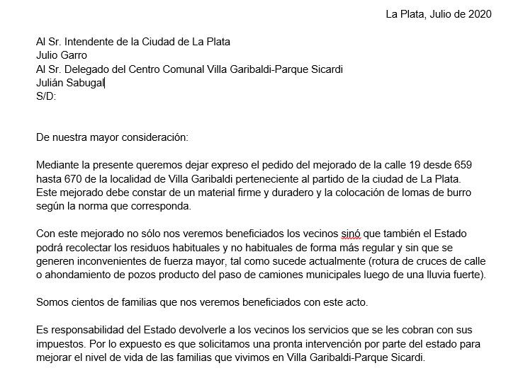 Facsímil de la nota presentada